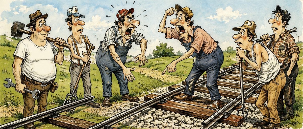 Dos cuadrillas de trabajadores discuten frente a dos tramos de vía que no empatan